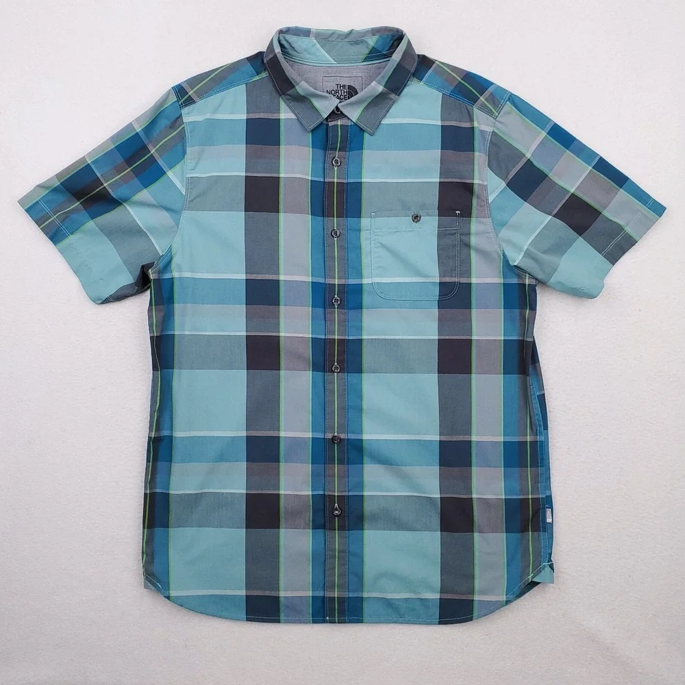 North Face Shirt Mens Large Blue Gray Plaid Button Up Outdoor Athleisure